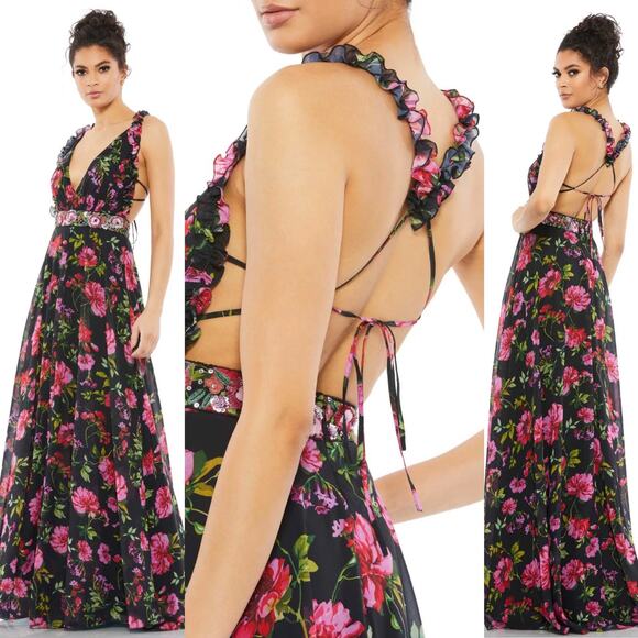 Mac Duggal Dresses & Skirts - Mac Duggal Embellished Belt Ruffled Halter Strap Gown In Black Multi 9156 16 New